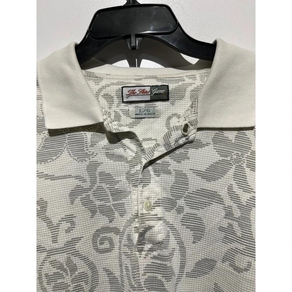 The Skins Game Mens Large Polo Shirt Waffle Knit Scroll Floral Damask Cream Grey